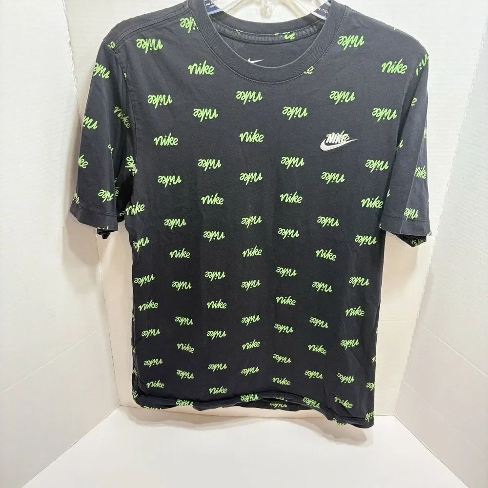 Nike T Shirt Mens M Swoosh Multi Logo All Over Print AOP Streetwear Black Green
